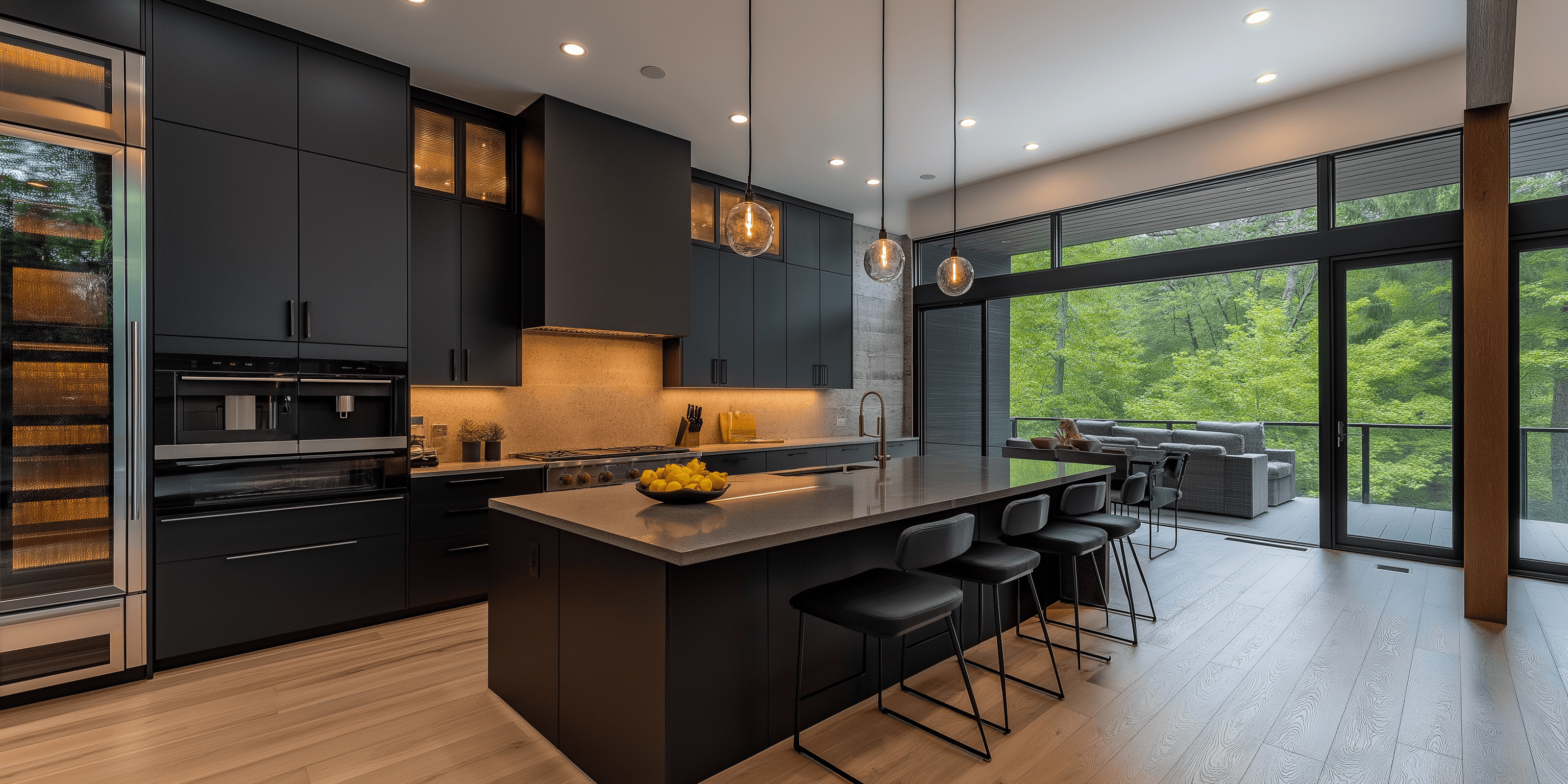Bucătărie modernă cu dulapuri întunecate, o insulă centrală cu scaune de bar și ferestre mari cu vedere la verdeață