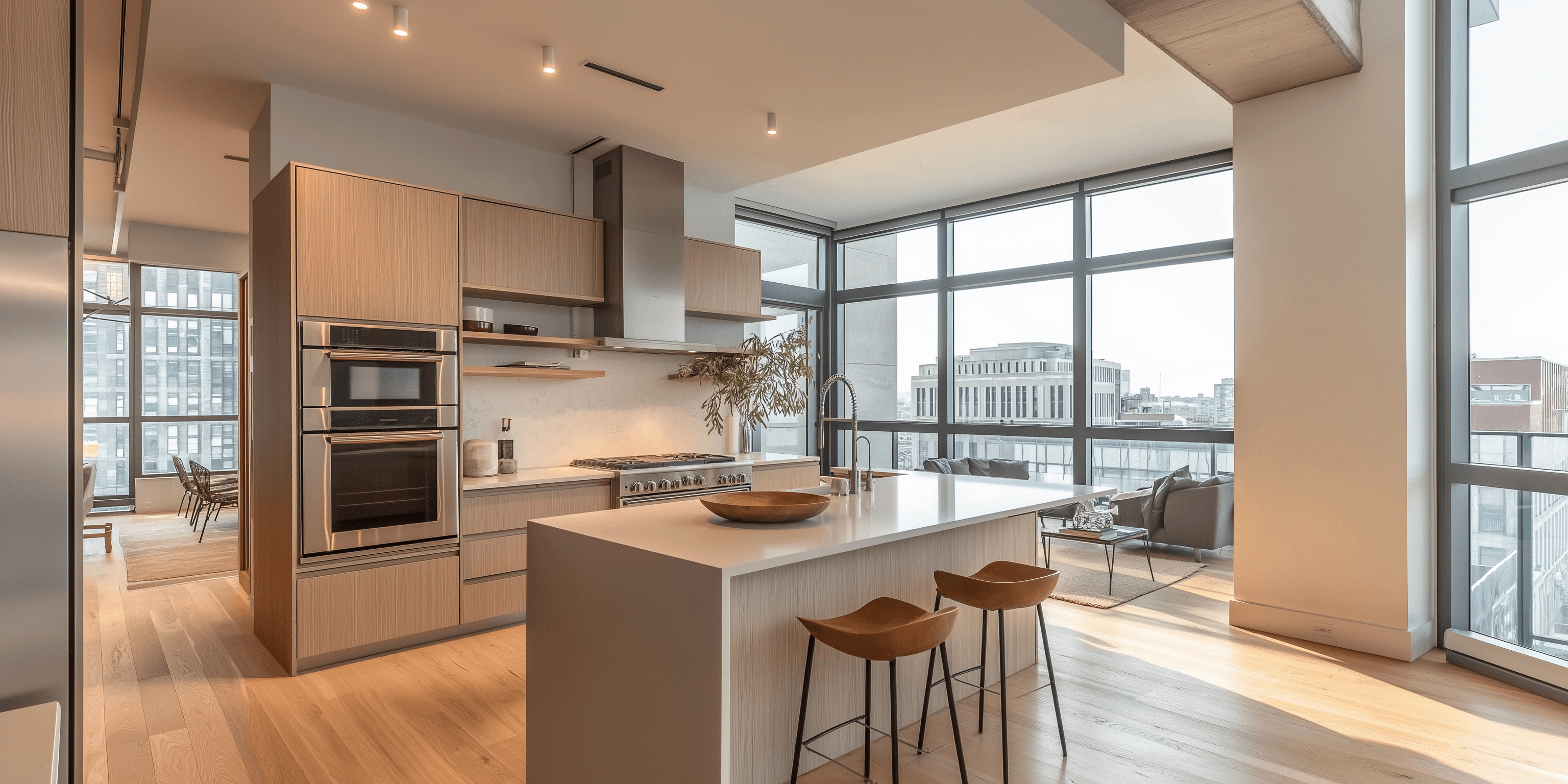 Bucătărie modernă cu dulapuri din lemn deschis și ferestre mari