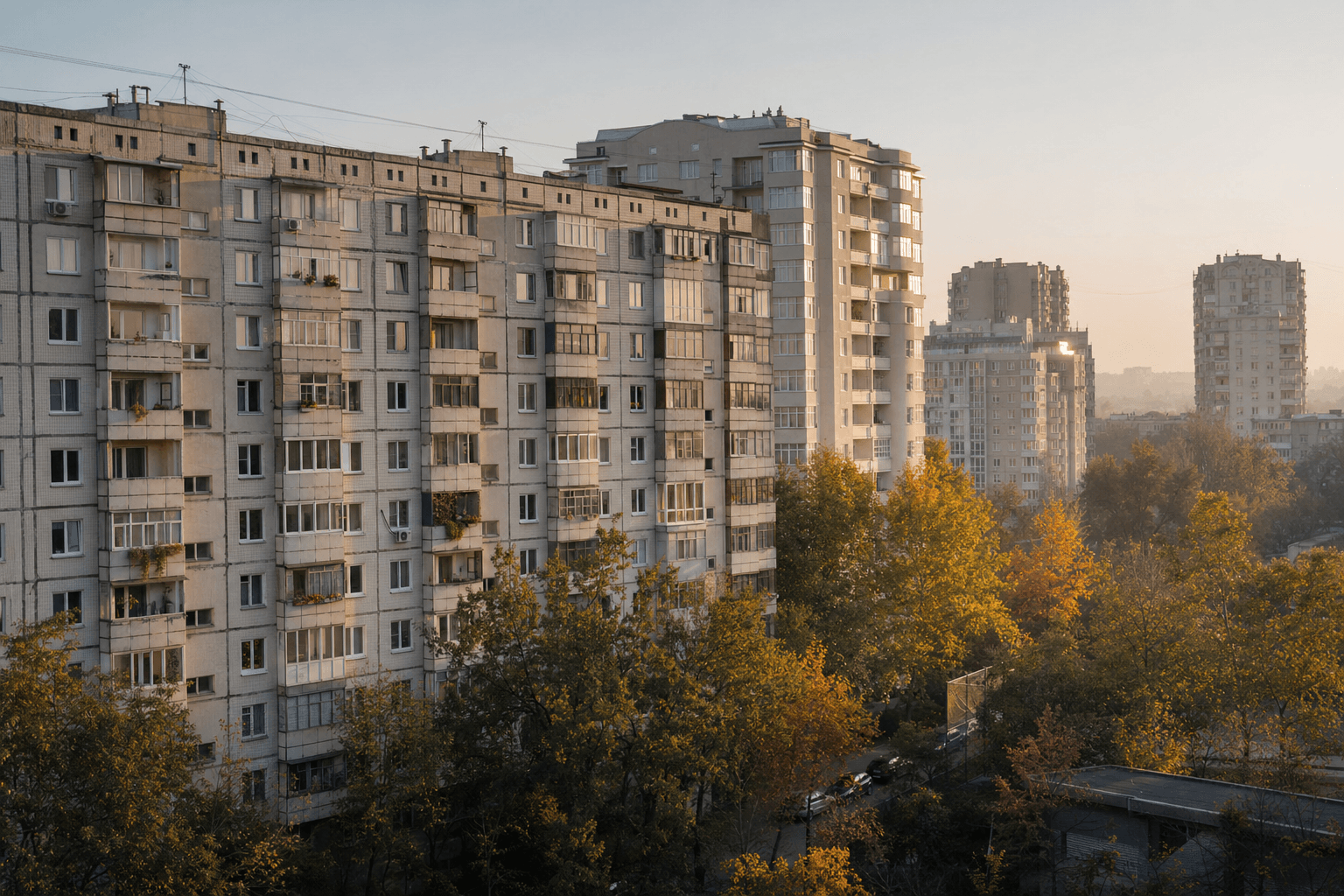 Старые и новые жилые дома в одном из секторов Кишинёва осенью