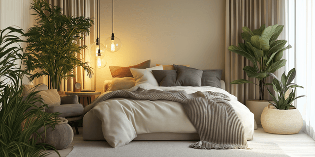 dormitor cu plante verzi și iluminat cald