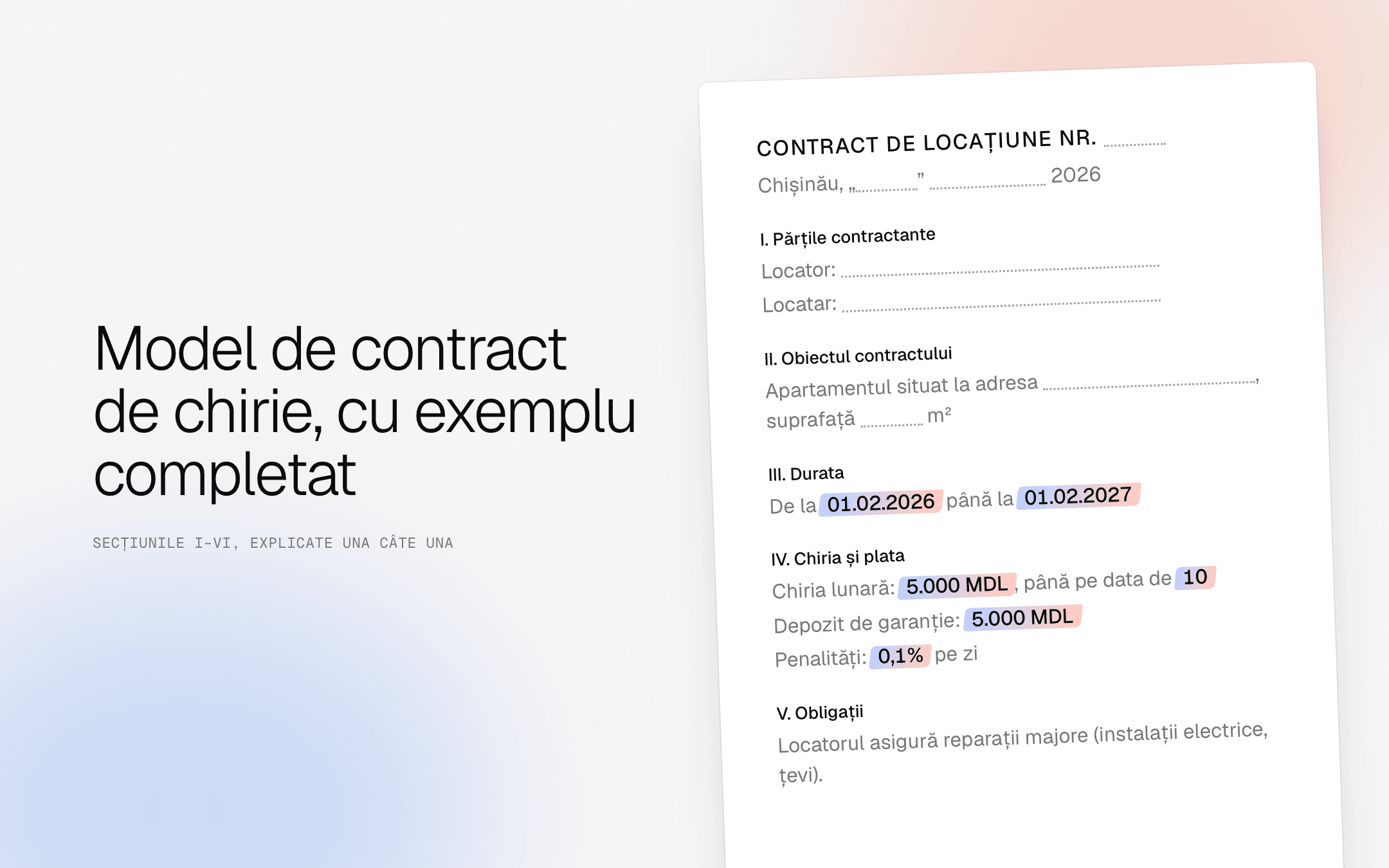Prima pagină a modelului de contract de locațiune, cu rubrici libere pentru părți și adresă și cu exemplul completat: durata de la 01.02.2026 la 01.02.2027, chiria de 5.000 MDL până pe data de 10, garanția de 5.000 MDL