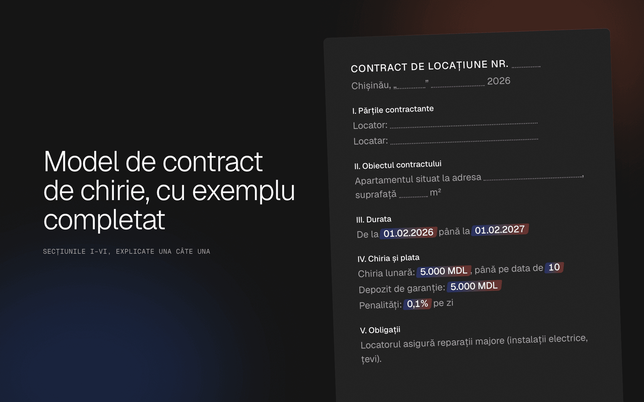 Prima pagină a modelului de contract de locațiune, cu rubrici libere pentru părți și adresă și cu exemplul completat: durata de la 01.02.2026 la 01.02.2027, chiria de 5.000 MDL până pe data de 10, garanția de 5.000 MDL
