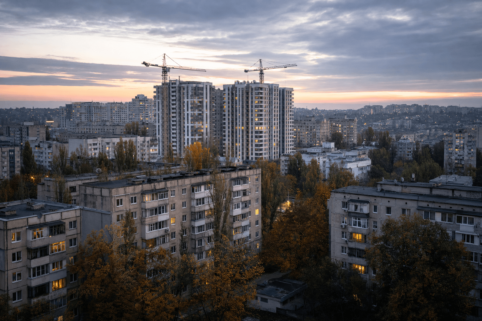 Кварталы старых и новых многоэтажек в сумерках, над новостройками башенные краны